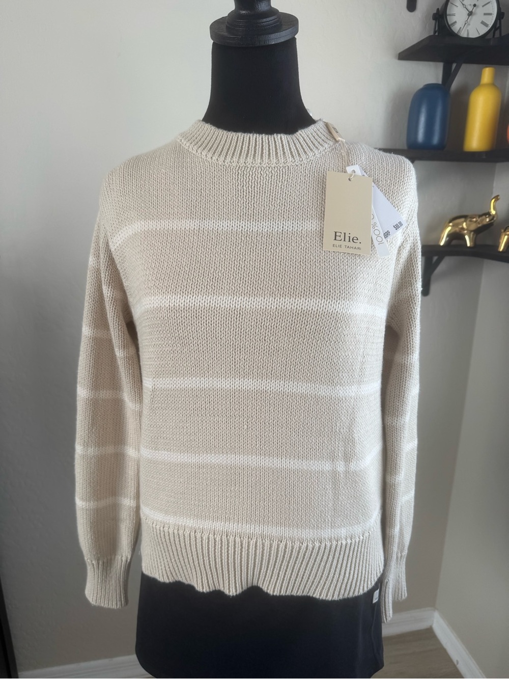 Elie Tahari Cream and White Striped Crewneck Sweater